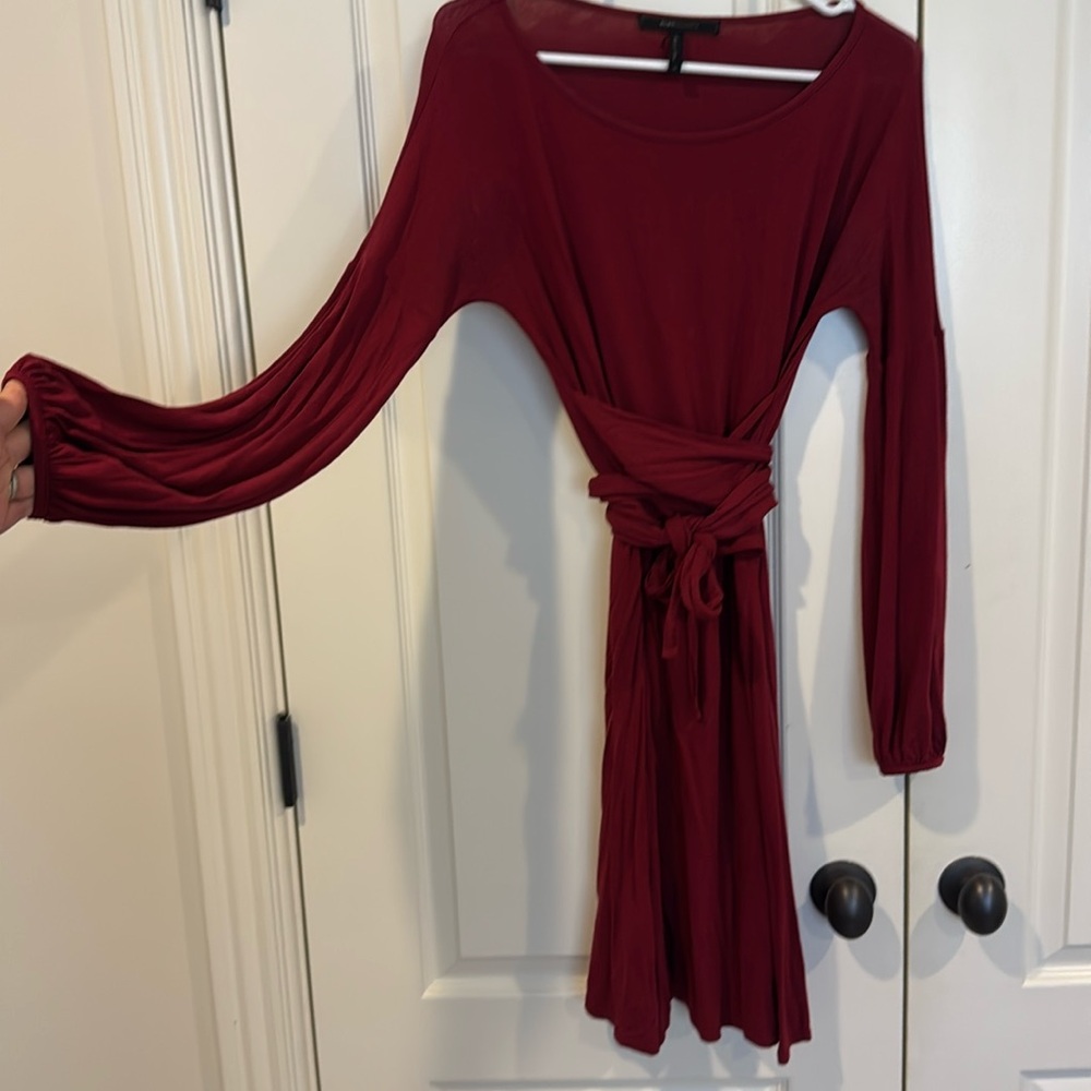 BCBG Max Azria S Flowing Dress with Wrap Tie & Bell Sleeves